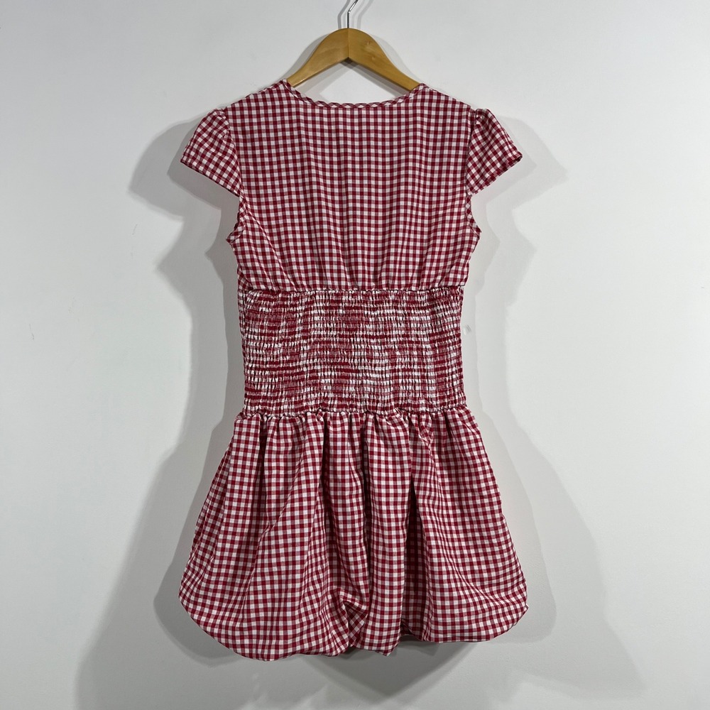 Womens Red Cottagecore Gingham Smocked Mini Dress Bubble Hem Medium Preppy Boho